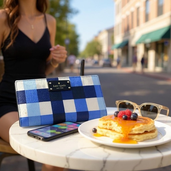 Kate spade Hyde blue shades & white checkered wallet snap close multi card slots - Picture 2 of 7